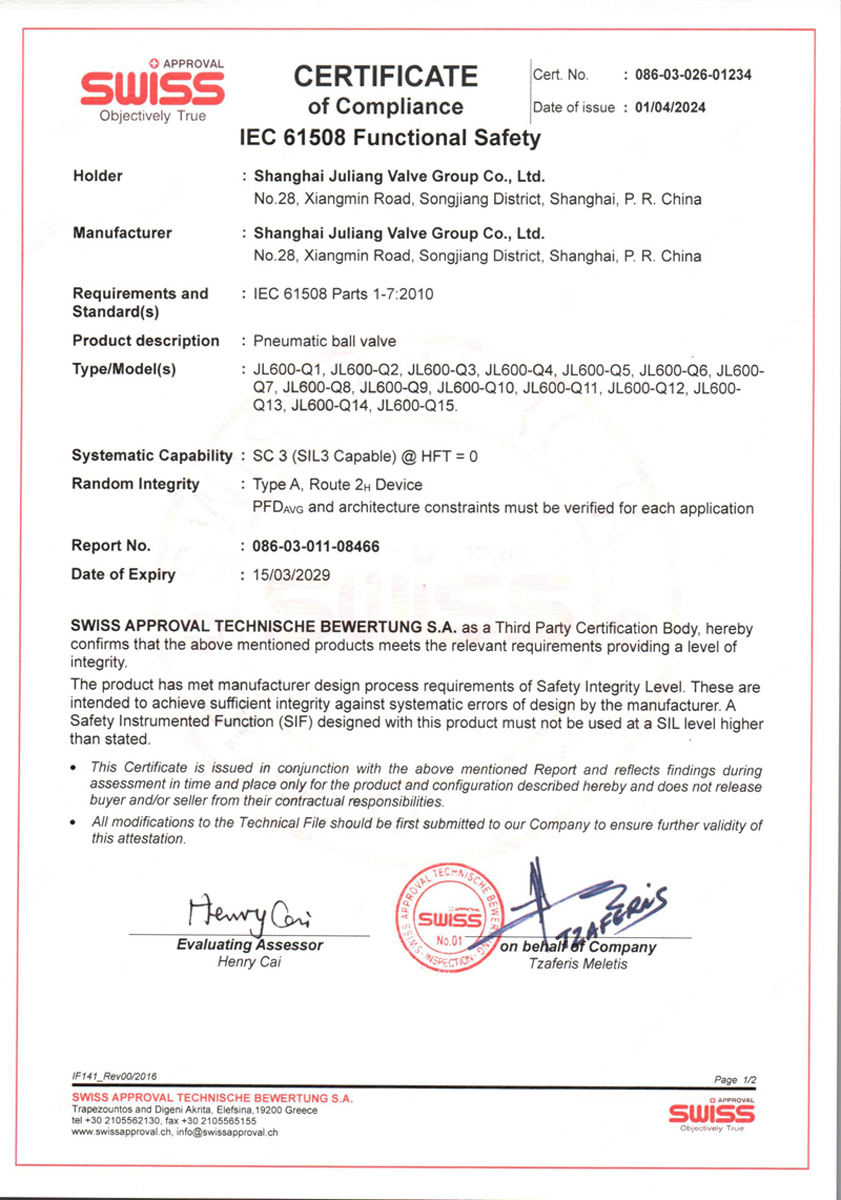 SIL Safety Integrity Level Certificate-Pneumatic Ball Valve Series