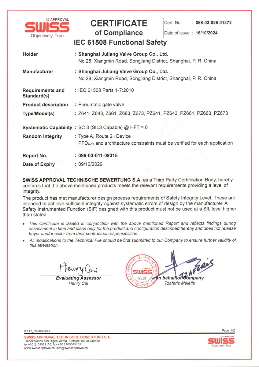 SIL Safety Integrity Level Certificate-Pneumatic Gate Valve Series
