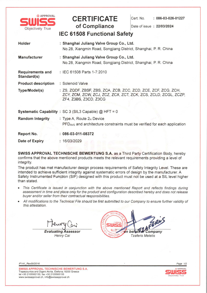 SIL Safety Integrity Level Certificate-Solenoid Valve Series